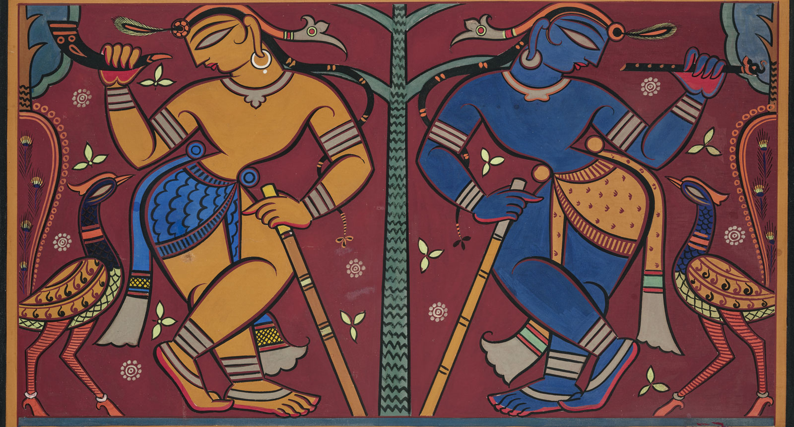 Jamini-Roy------------34_X58_-inches-----------Tempera-on-linen----------1960----------Untitled-(Krishna-&-Balram)